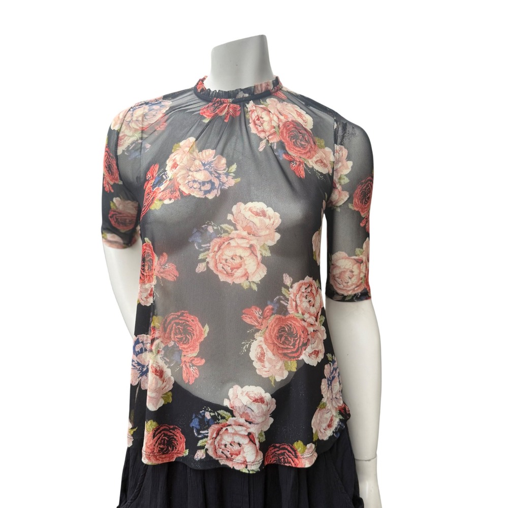 Gap Sheer Floral Mesh Top Ruffle Neck 1/2 Sleeve Romantic Goth Black Burgundy S